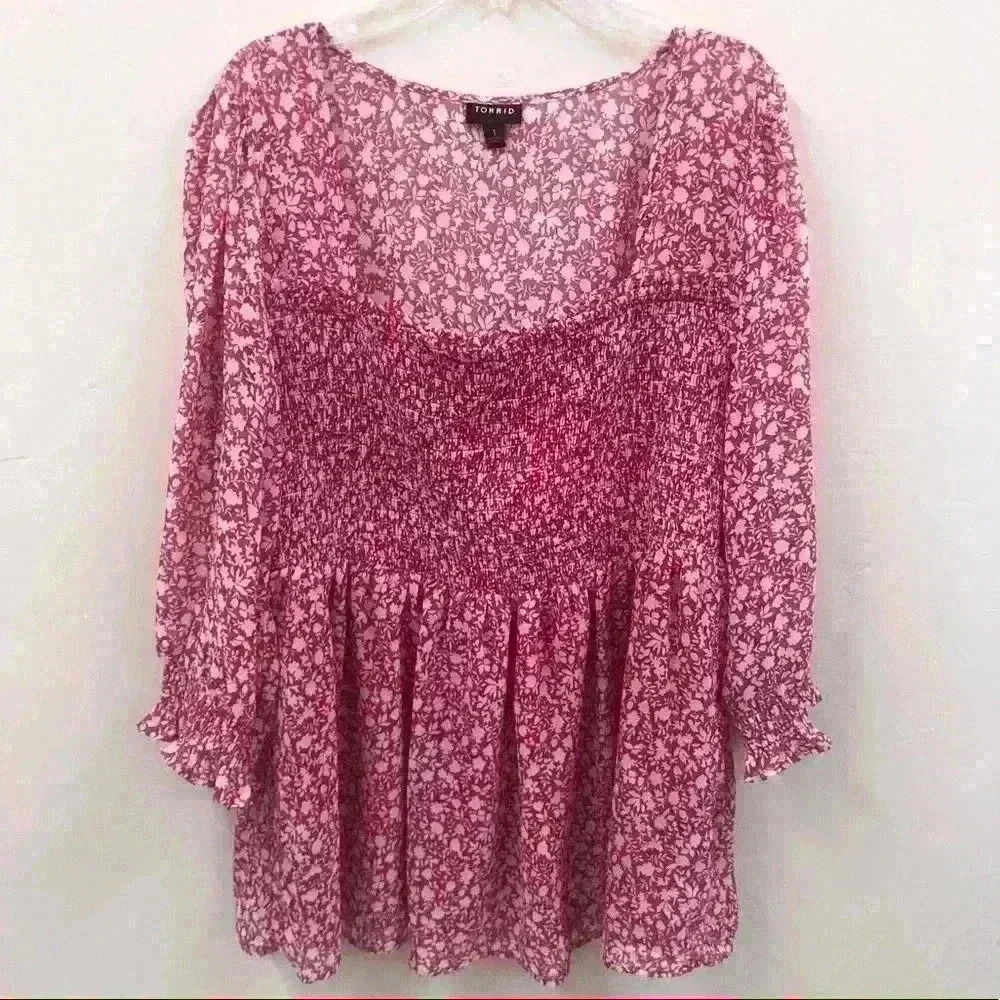 TORRID Pink White Floral Print Polyester Blouse